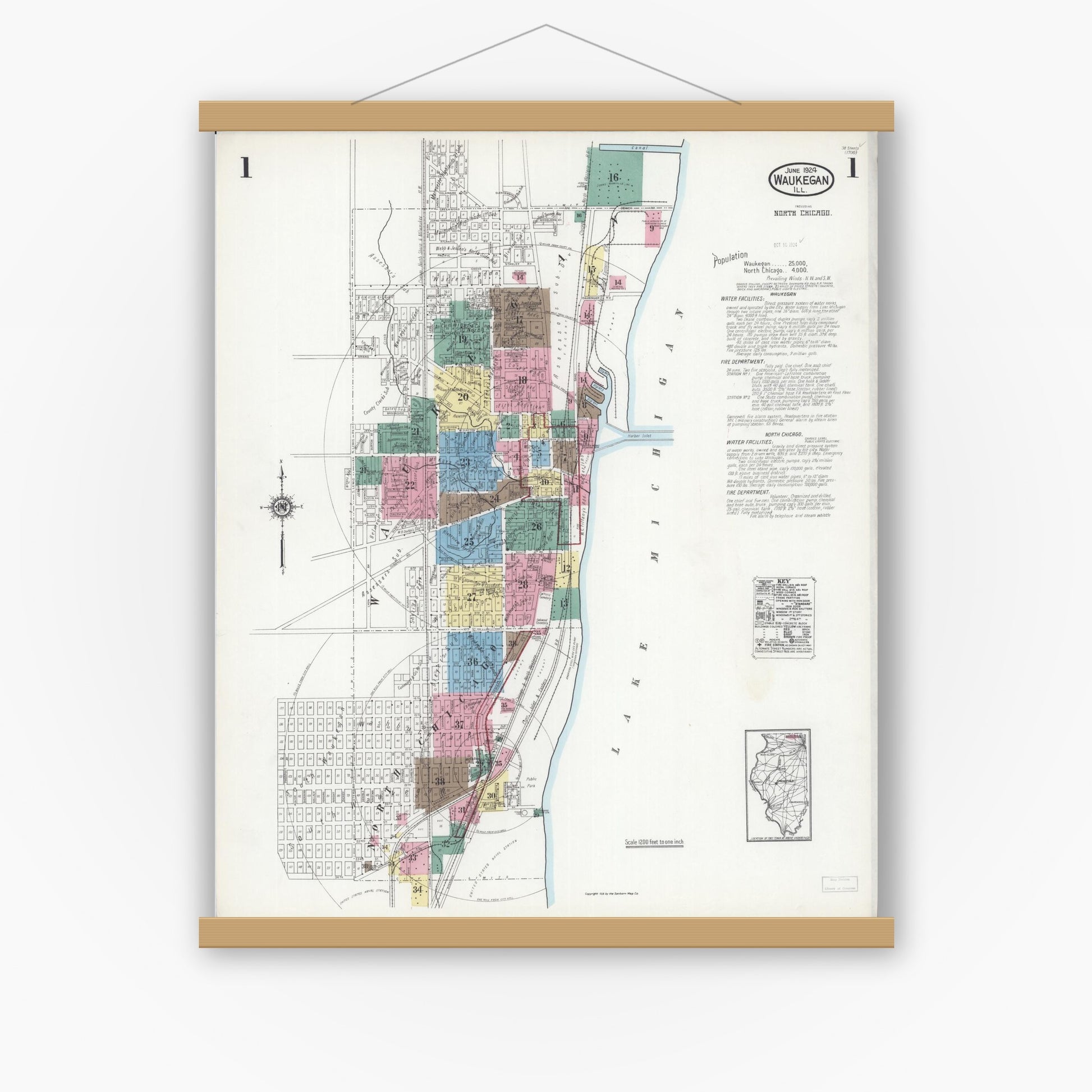 Old map wall art mockup — magnetic wood frame on white wall — Sanborn Fire Insurance Map from Waukegan, Lake County, Illinois (1924) - Complete Map Set