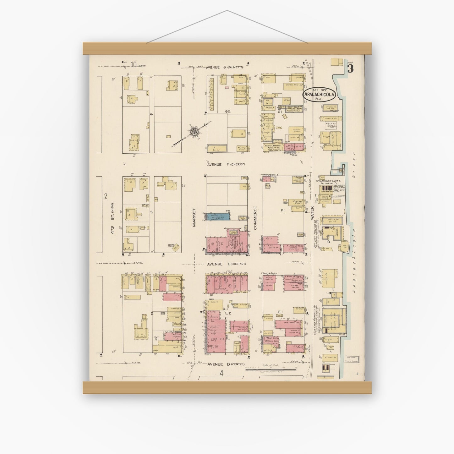 Old map wall art mockup — magnetic wood frame on white wall — Sanborn Fire Insurance Map from Apalachicola, Franklin County, Florida (1922), Sheet #0003