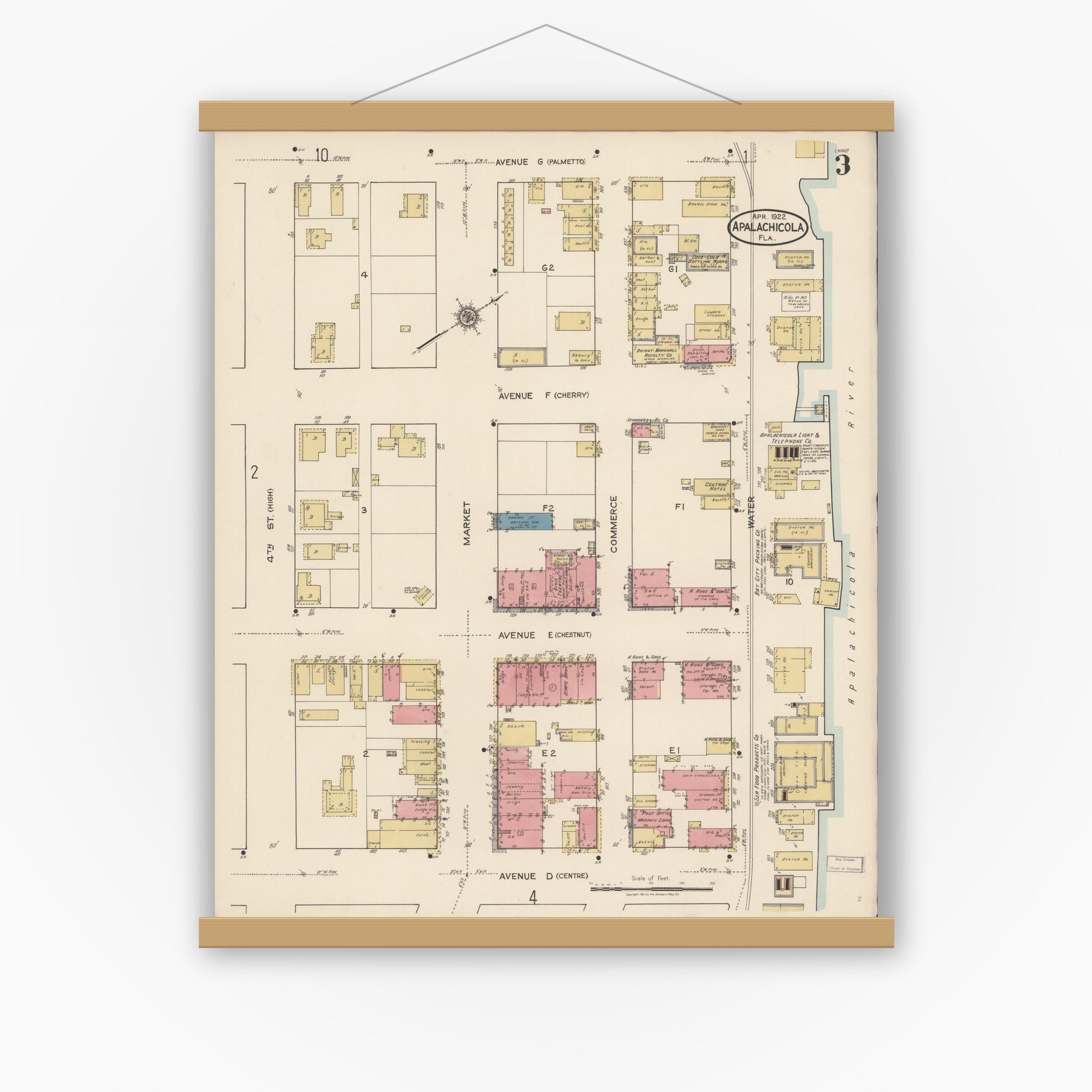 Old map wall art mockup — magnetic wood frame on white wall — Sanborn Fire Insurance Map from Apalachicola, Franklin County, Florida (1922), Sheet #0003
