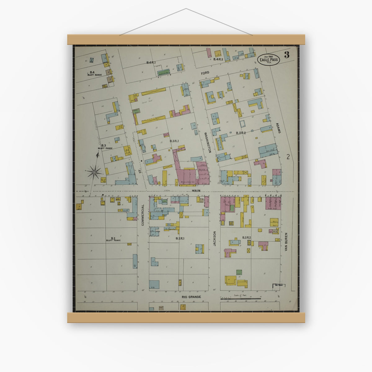Old map wall art mockup — magnetic wood frame on white wall — Sanborn Fire Insurance Map from Eagle Pass, Maverick County, Texas (1900), Sheet #0003