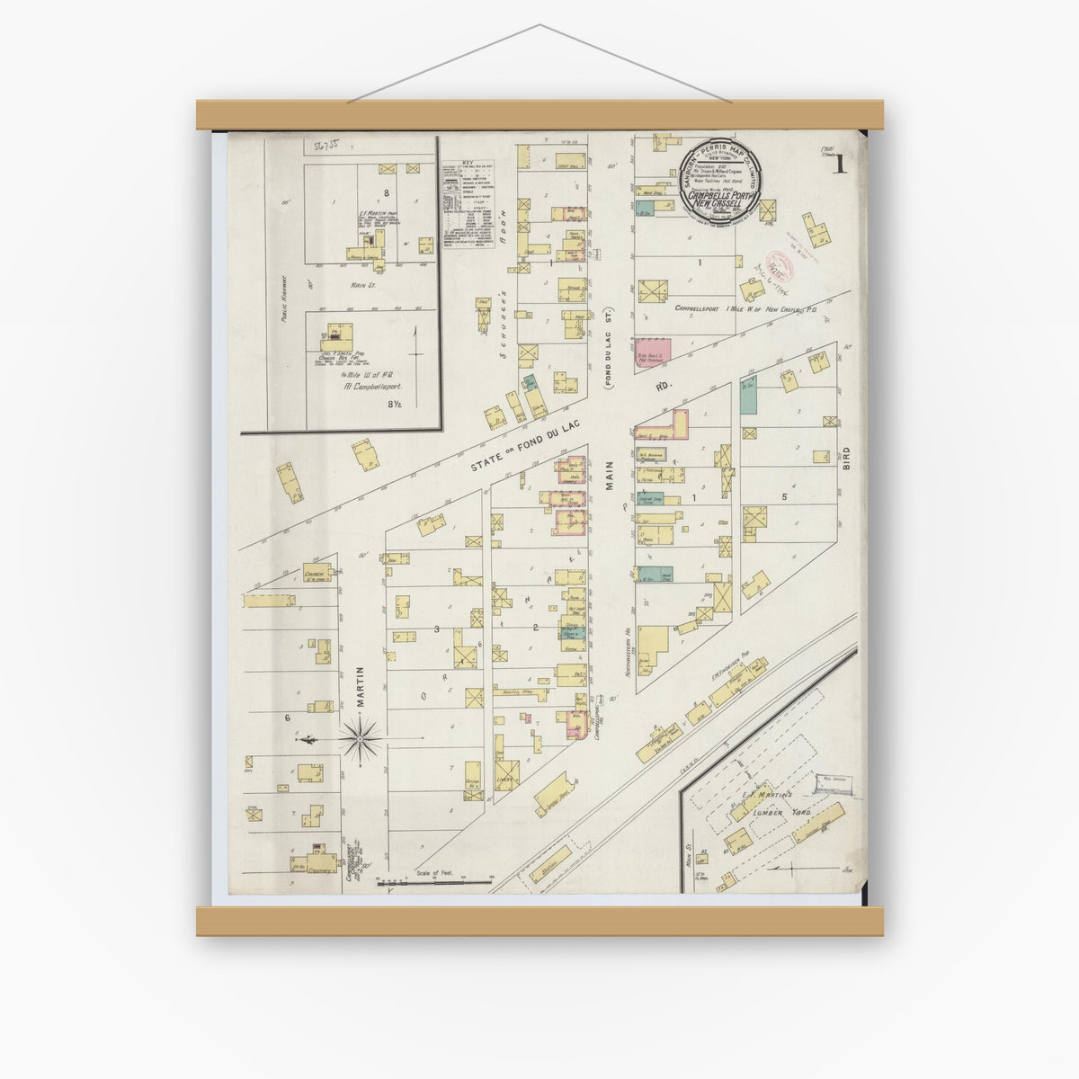 Old map wall art mockup — magnetic wood frame on white wall — Sanborn Fire Insurance Map from Campbellsport, Fond du Lac County, Wisconsin (1894), Sheet #0001