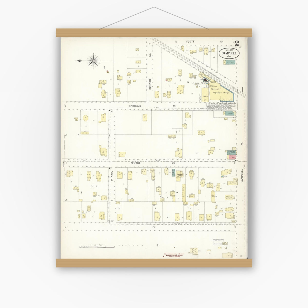 Old map wall art mockup — magnetic wood frame on white wall — Sanborn Fire Insurance Map from Campbell, Santa Clara County, California (1899), Sheet #0002