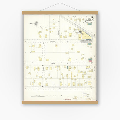 Old map wall art mockup — magnetic wood frame on white wall — Sanborn Fire Insurance Map from Campbell, Santa Clara County, California (1899), Sheet #0002