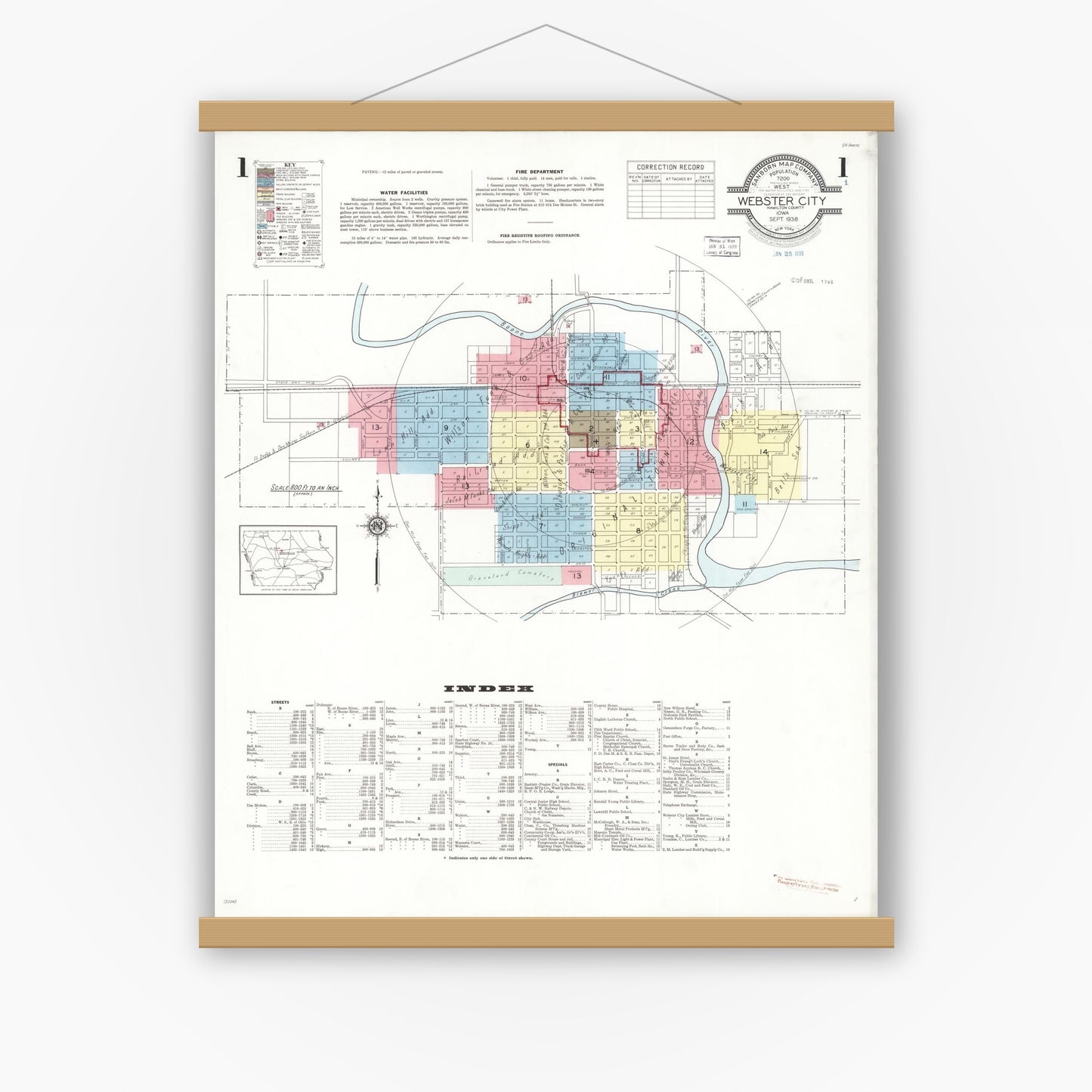 Old map wall art mockup — magnetic wood frame on white wall — Sanborn Fire Insurance Map from Webster City, Hamilton County, Iowa (1938) â€” Complete Set