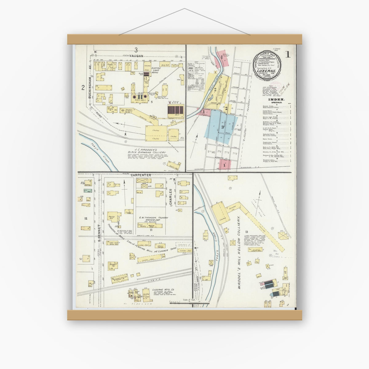 Old map wall art mockup — magnetic wood frame on white wall — Sanborn Fire Insurance Map from Luzerne, Luzerne County, Pennsylvania (1896) - Complete Map Set