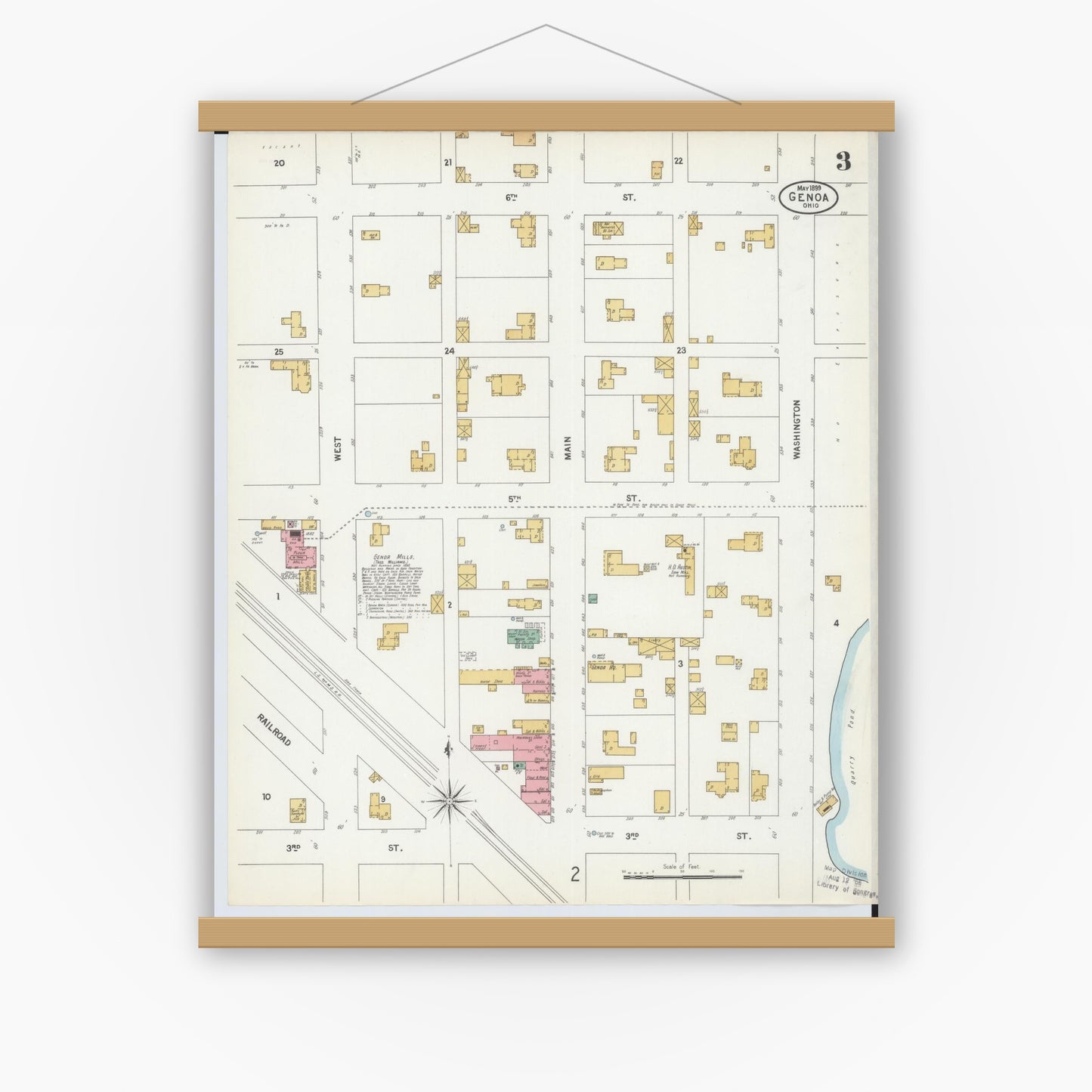 Old map wall art mockup — magnetic wood frame on white wall — Sanborn Fire Insurance Map from Genoa, Ottawa County, Ohio (1899), Sheet #0003