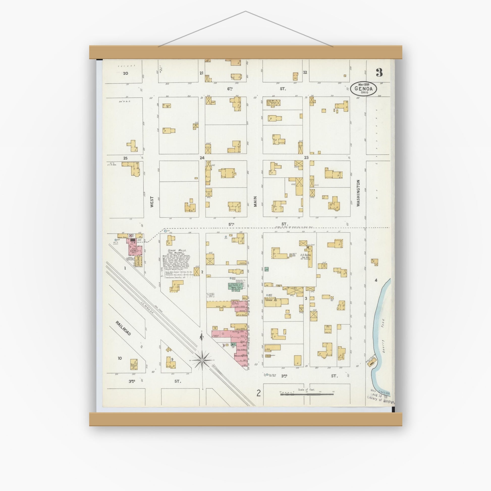 Old map wall art mockup — magnetic wood frame on white wall — Sanborn Fire Insurance Map from Genoa, Ottawa County, Ohio (1899), Sheet #0003