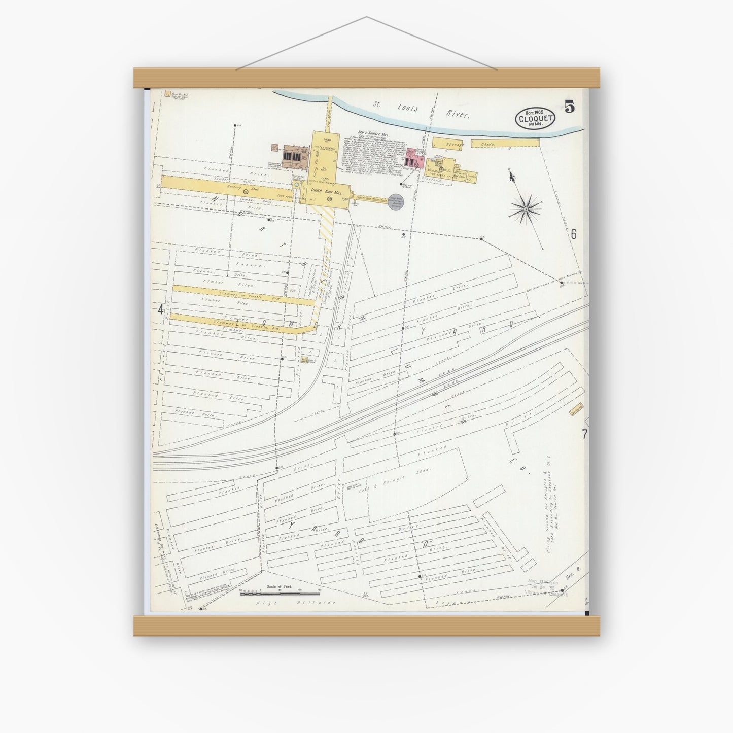 Old map wall art mockup — magnetic wood frame on white wall — Sanborn Fire Insurance Map from Cloquet, Carlton County, Minnesota (1905), Sheet #0005
