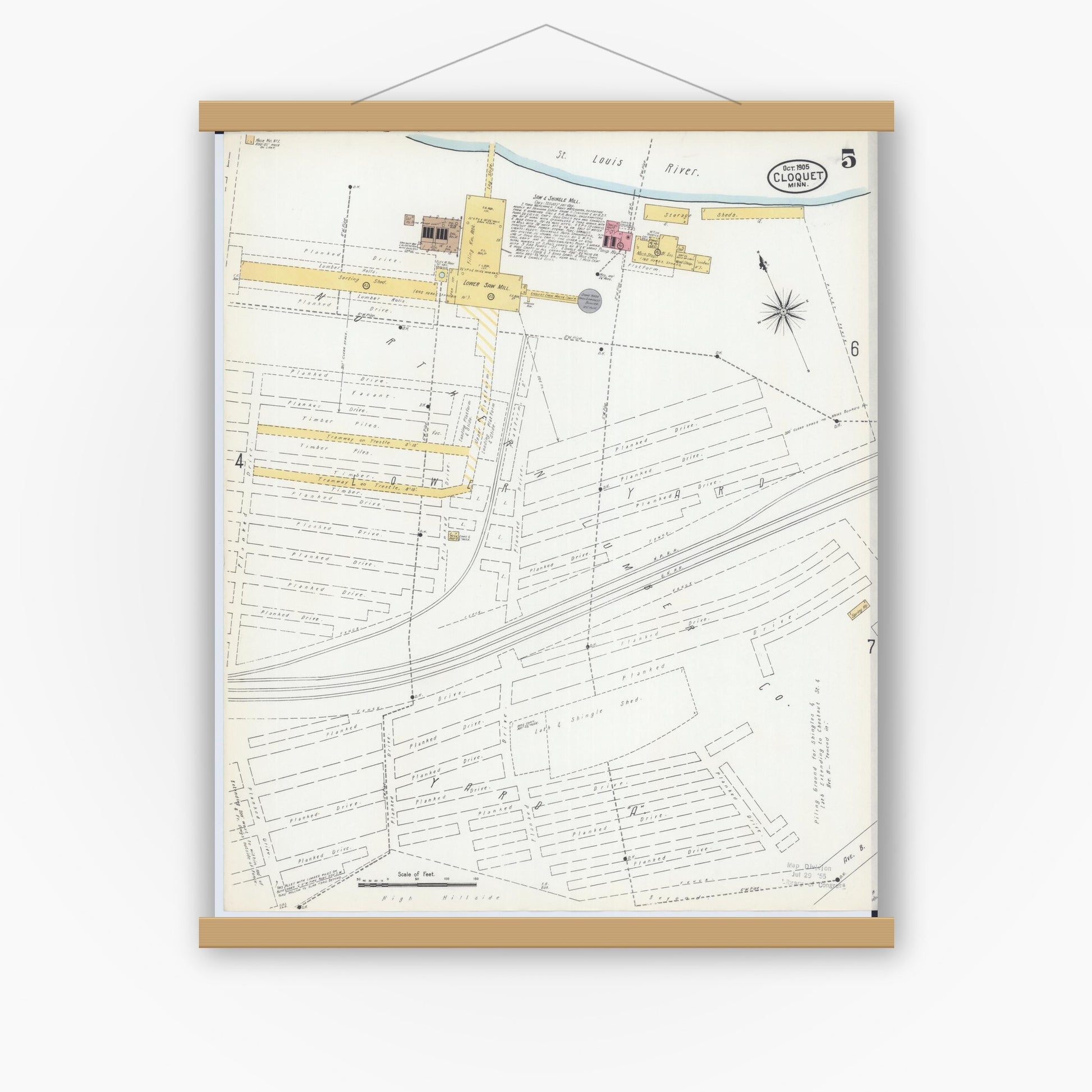 Old map wall art mockup — magnetic wood frame on white wall — Sanborn Fire Insurance Map from Cloquet, Carlton County, Minnesota (1905), Sheet #0005