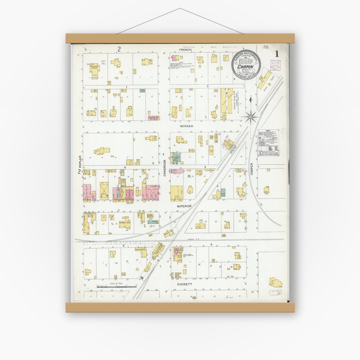 Old map wall art mockup — magnetic wood frame on white wall — Sanborn Fire Insurance Map from Chapin, Morgan County, Illinois (1905), Sheet #0001