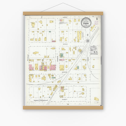 Old map wall art mockup — magnetic wood frame on white wall — Sanborn Fire Insurance Map from Chapin, Morgan County, Illinois (1905), Sheet #0001