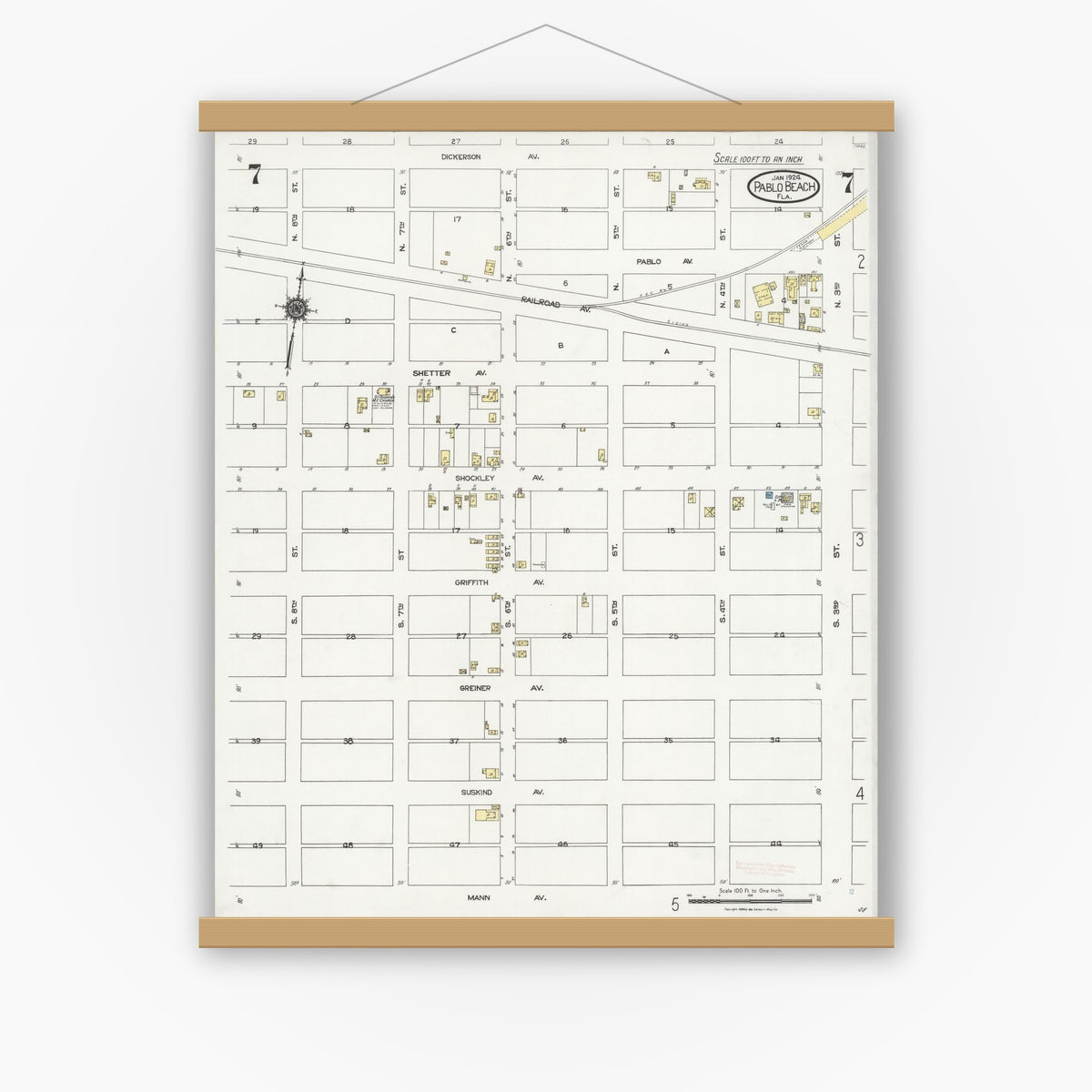 Old map wall art mockup — magnetic wood frame on white wall — Sanborn Fire Insurance Map from Pablo Beach, Duval County, Florida (1924), Sheet #0007