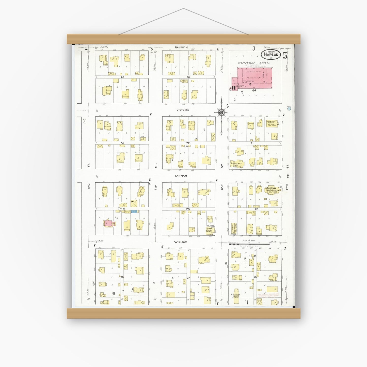 Old map wall art mockup — magnetic wood frame on white wall — Sanborn Fire Insurance Map from Harlan, Shelby County, Iowa (1918), Sheet #0005
