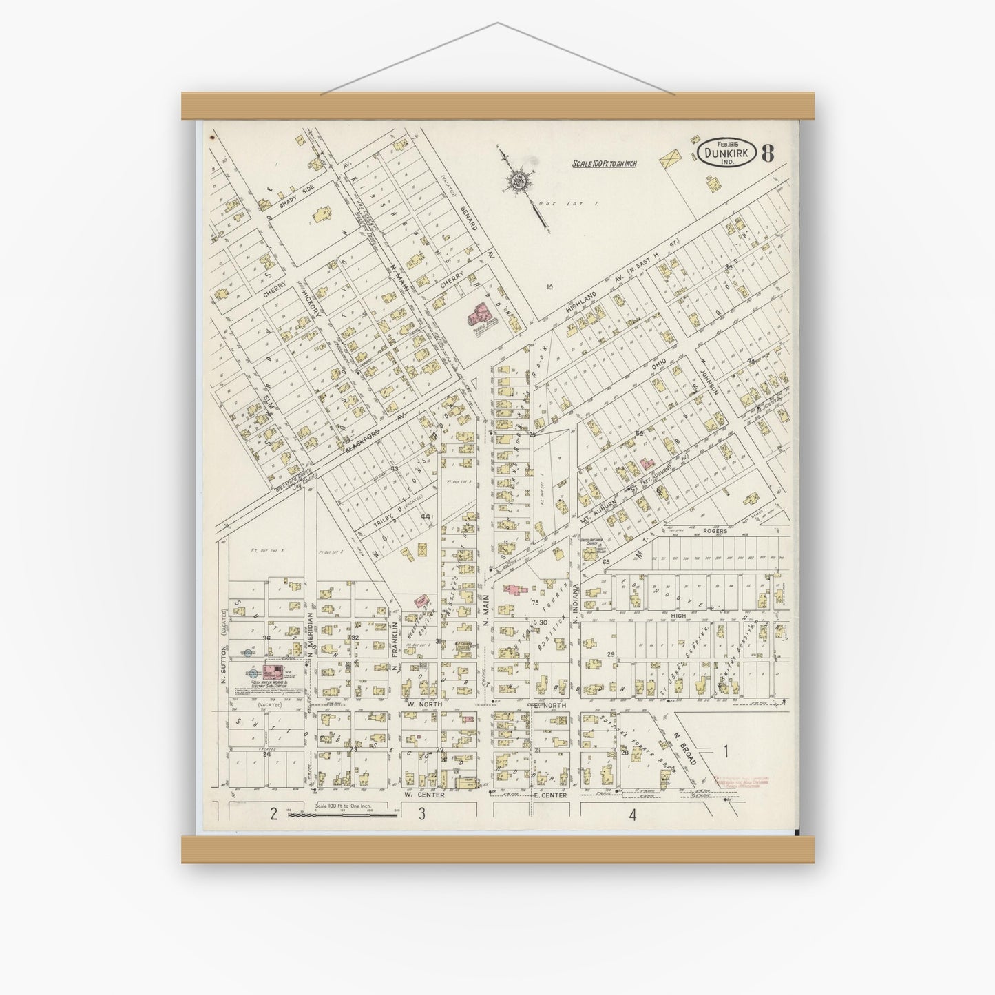 Old map wall art mockup — magnetic wood frame on white wall — Sanborn Fire Insurance Map from Dunkirk, Jay And Blackford Counties, Indiana (1915), Sheet #0008