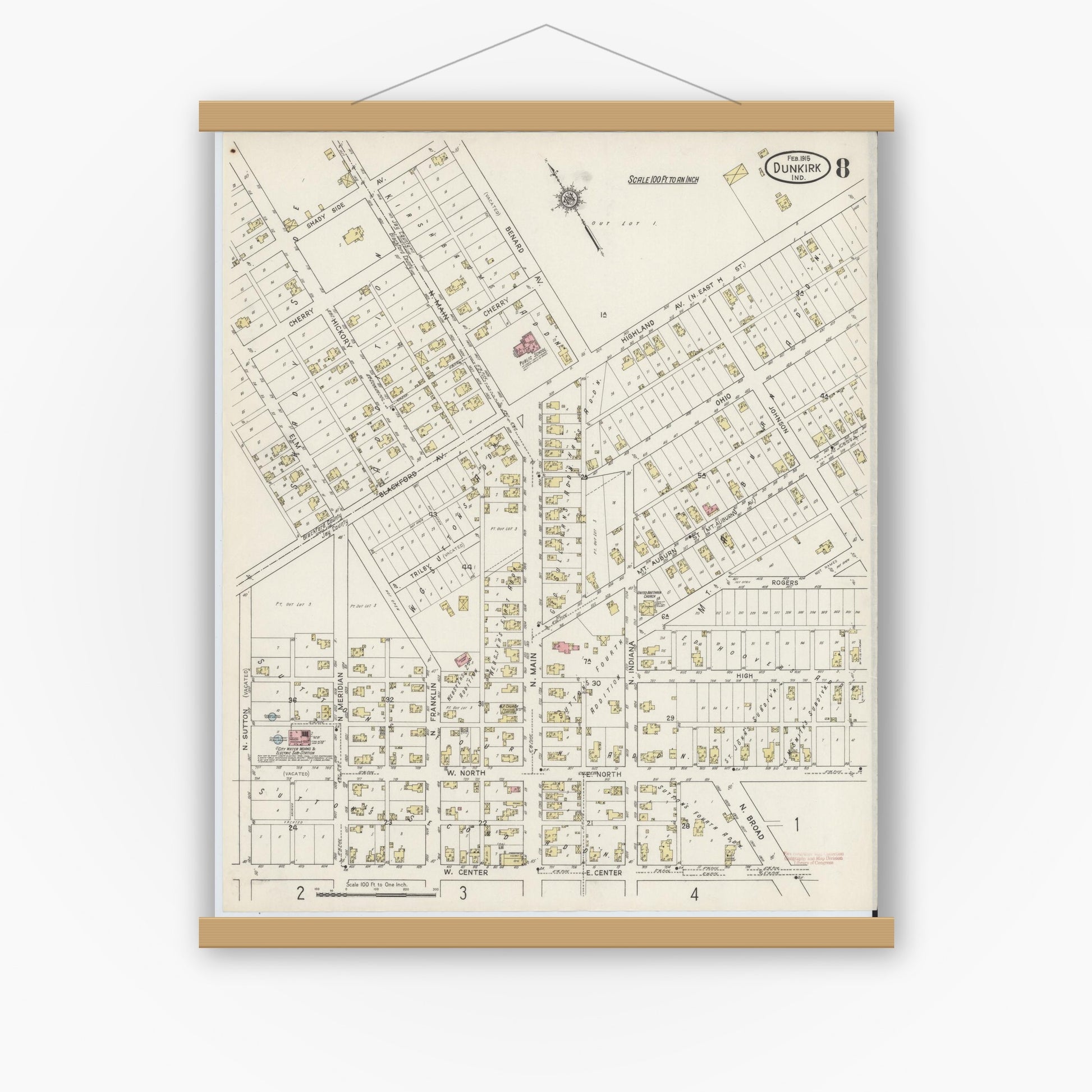 Old map wall art mockup — magnetic wood frame on white wall — Sanborn Fire Insurance Map from Dunkirk, Jay And Blackford Counties, Indiana (1915), Sheet #0008