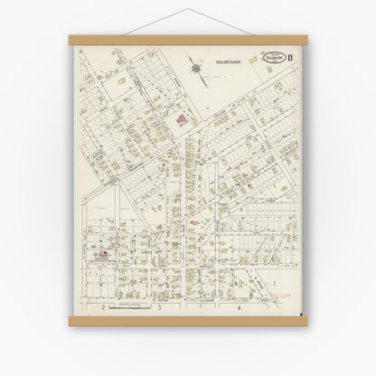 Old map wall art mockup — magnetic wood frame on white wall — Sanborn Fire Insurance Map from Dunkirk, Jay And Blackford Counties, Indiana (1915), Sheet #0008