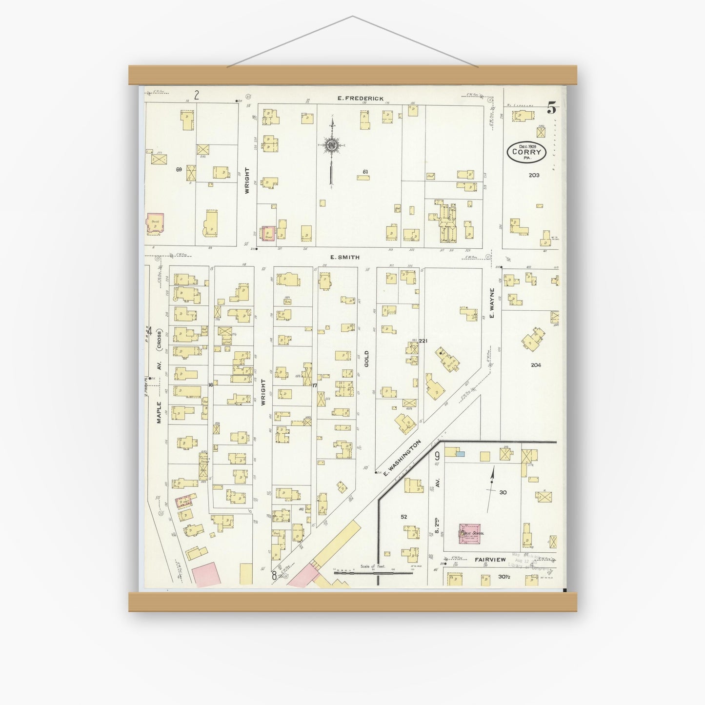 Old map wall art mockup — magnetic wood frame on white wall — Sanborn Fire Insurance Map from Corry, Erie County, Pennsylvania (1909), Sheet #0005