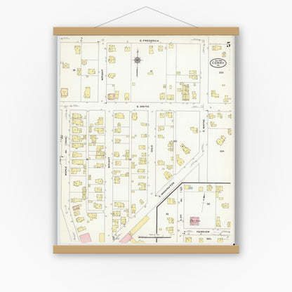 Old map wall art mockup — magnetic wood frame on white wall — Sanborn Fire Insurance Map from Corry, Erie County, Pennsylvania (1909), Sheet #0005