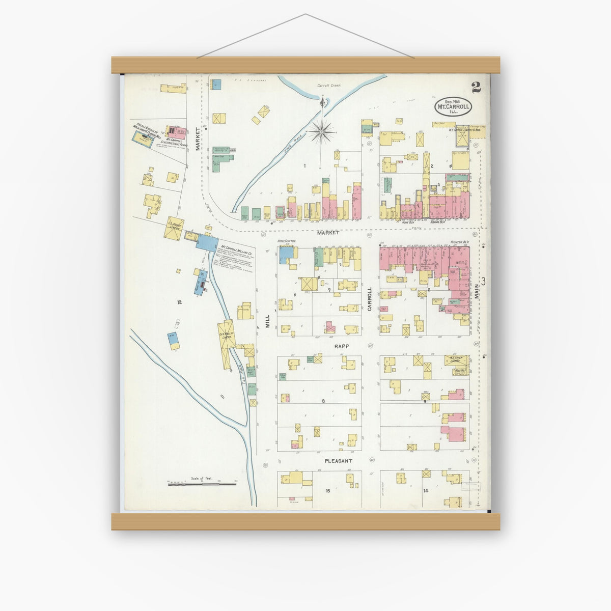 Old map wall art mockup — magnetic wood frame on white wall — Sanborn Fire Insurance Map from Mount Carroll, Carroll County, Illinois (1904), Sheet #0002
