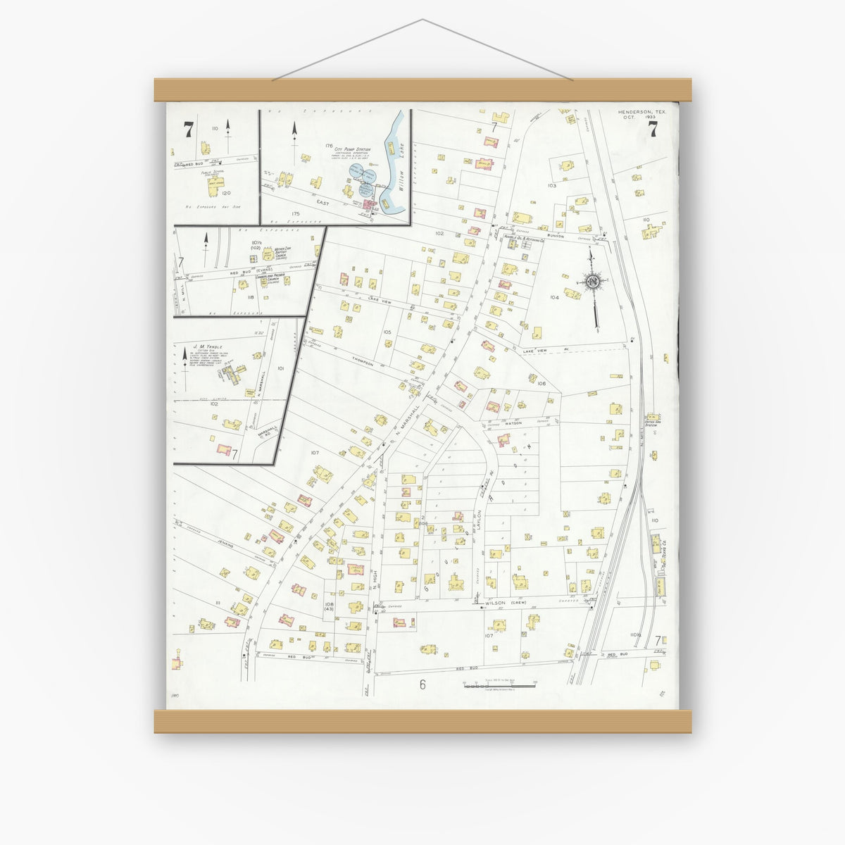 Old map wall art mockup — magnetic wood frame on white wall — Sanborn Fire Insurance Map from Henderson, Rusk County, Texas (1933), Sheet #0007