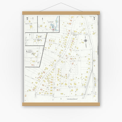 Old map wall art mockup — magnetic wood frame on white wall — Sanborn Fire Insurance Map from Henderson, Rusk County, Texas (1933), Sheet #0007