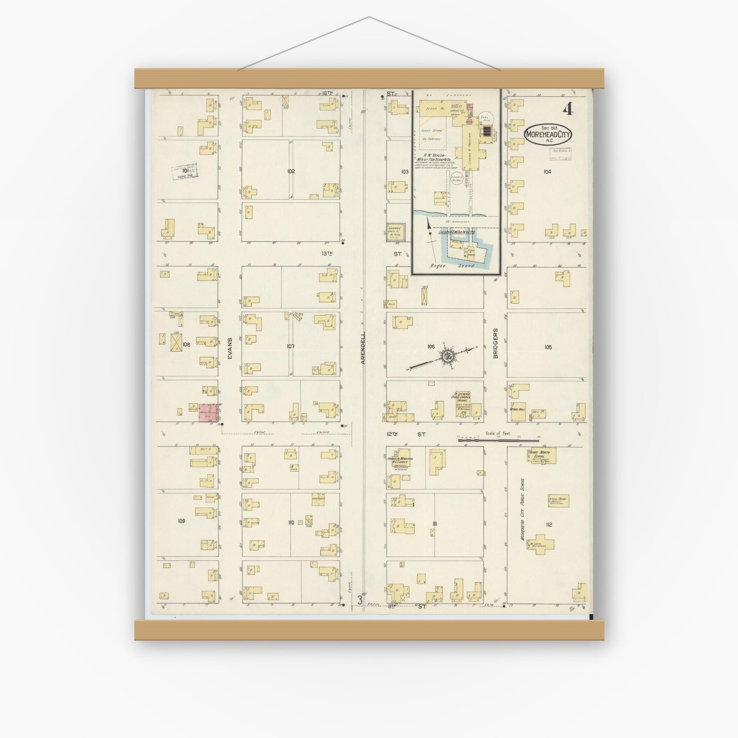 Old map wall art mockup — magnetic wood frame on white wall — Sanborn Fire Insurance Map from Morehead City, Carteret County, North Carolina (1913), Sheet #0004