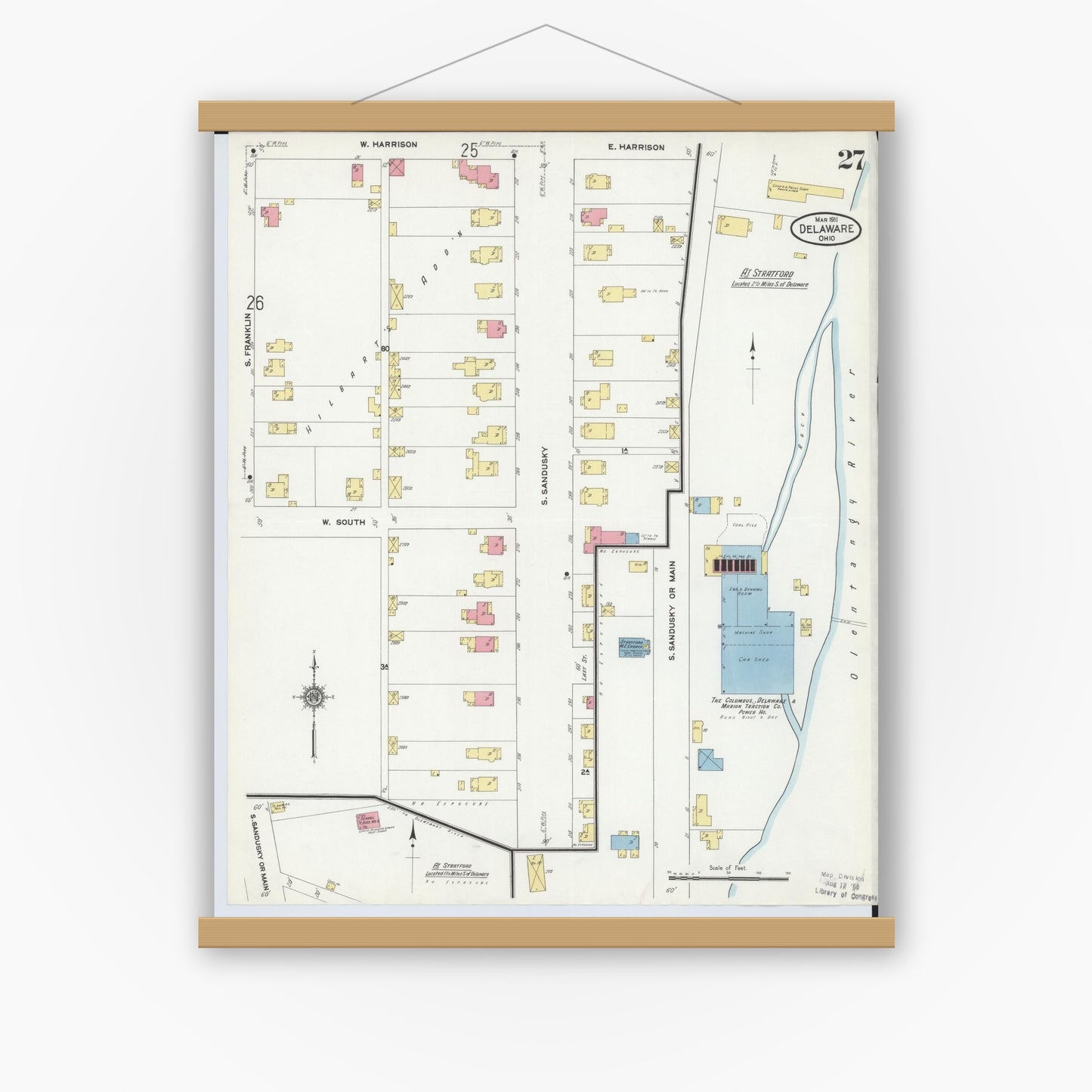Old map wall art mockup — magnetic wood frame on white wall — Sanborn Fire Insurance Map from Delaware, Delaware County, Ohio (1911), Sheet #0027