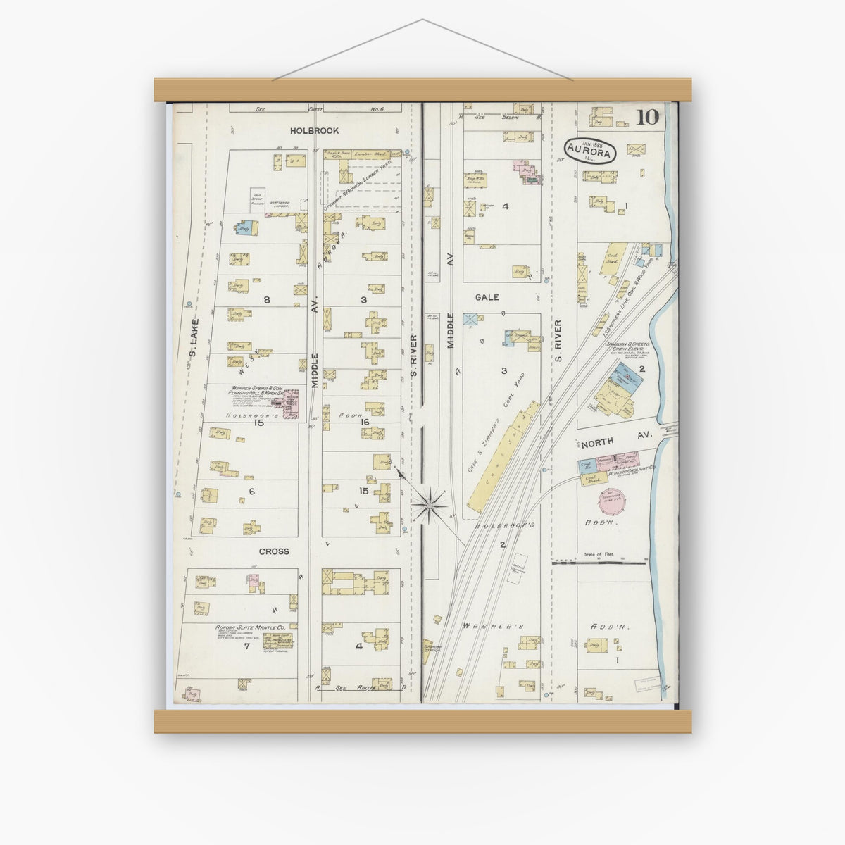Old map wall art mockup — magnetic wood frame on white wall — Sanborn Fire Insurance Map from Aurora, Kane County, Illinois (1888), Sheet #0010