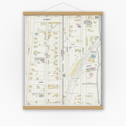 Old map wall art mockup — magnetic wood frame on white wall — Sanborn Fire Insurance Map from Aurora, Kane County, Illinois (1888), Sheet #0010