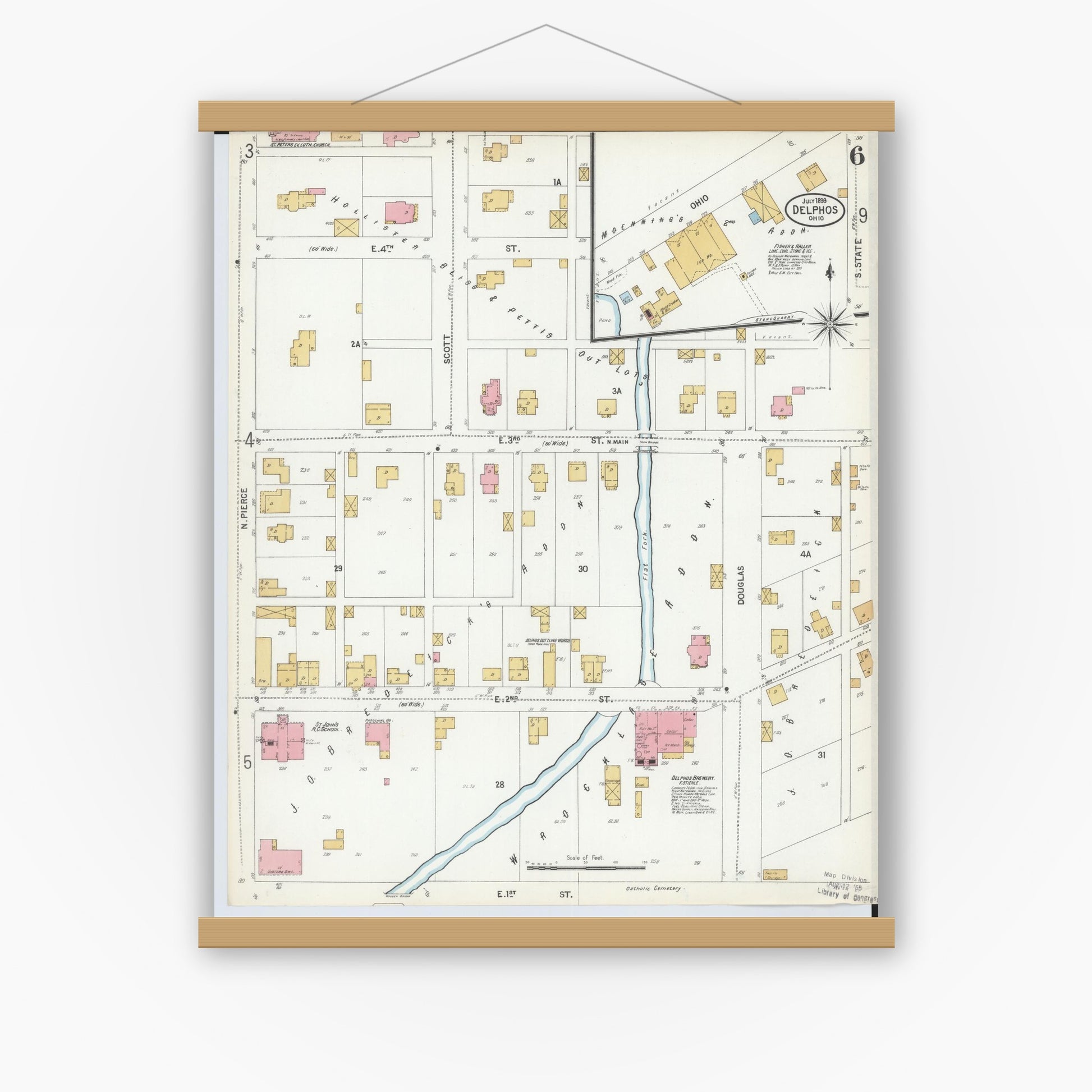 Old map wall art mockup — magnetic wood frame on white wall — Sanborn Fire Insurance Map from Delphos, Van Wert And Allen Counties, Ohio (1899), Sheet #0006