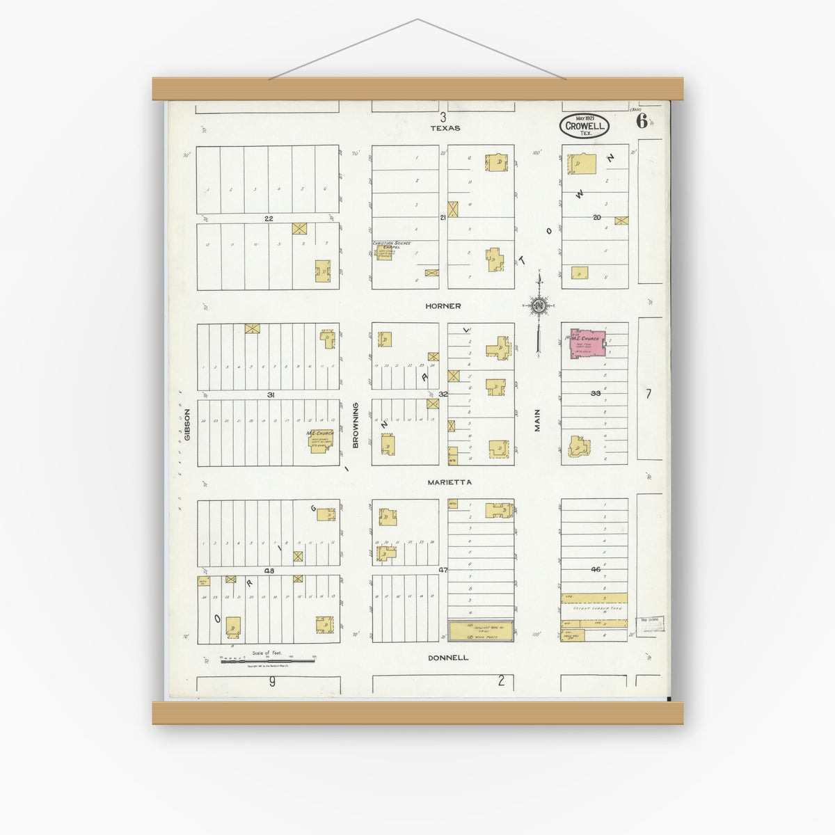 Old map wall art mockup — magnetic wood frame on white wall — Sanborn Fire Insurance Map from Crowell, Foard County, Texas (1921), Sheet #0006
