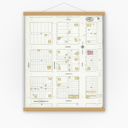 Old map wall art mockup — magnetic wood frame on white wall — Sanborn Fire Insurance Map from Crowell, Foard County, Texas (1921), Sheet #0006