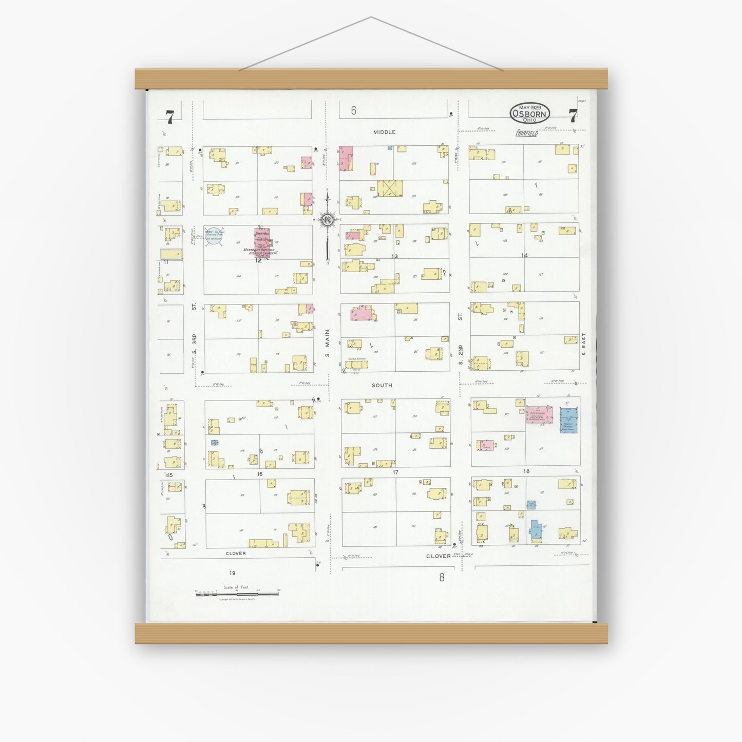 Old map wall art mockup — magnetic wood frame on white wall — Sanborn Fire Insurance Map from Osborn, Greene County, Ohio (1929), Sheet #0007