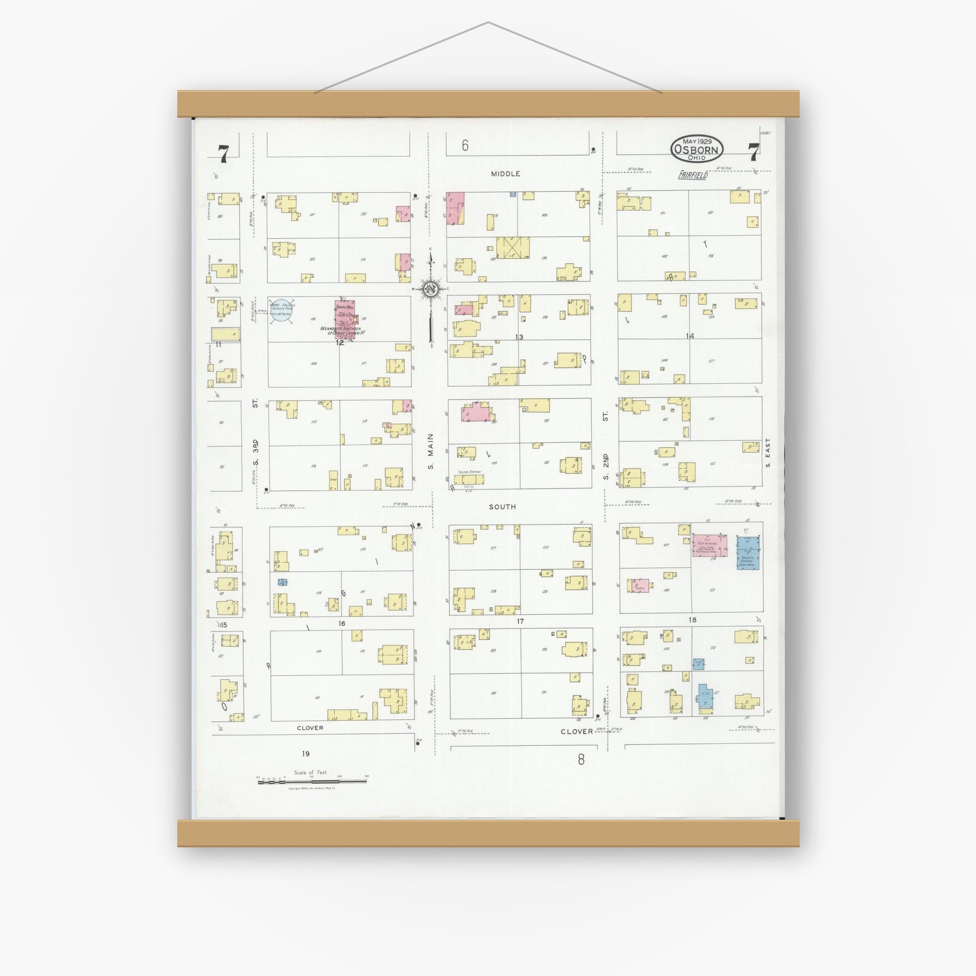 Old map wall art mockup — magnetic wood frame on white wall — Sanborn Fire Insurance Map from Osborn, Greene County, Ohio (1929), Sheet #0007