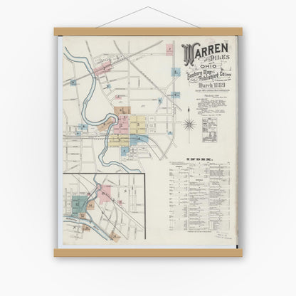 Old map wall art mockup — magnetic wood frame on white wall — Sanborn Fire Insurance Map from Warren, Trumbull County, Ohio (1889), Sheet #0001
