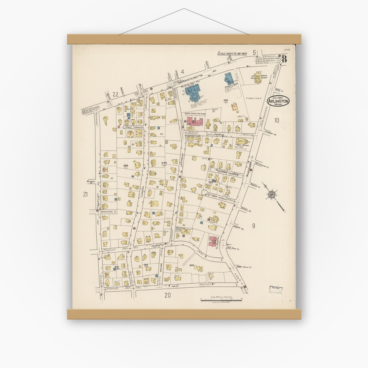 Old map wall art mockup — magnetic wood frame on white wall — Sanborn Fire Insurance Map from Arlington, Middlesex County, Massachusetts (1922), Sheet #0008
