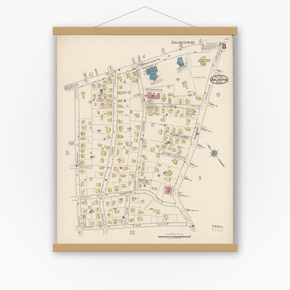 Old map wall art mockup — magnetic wood frame on white wall — Sanborn Fire Insurance Map from Arlington, Middlesex County, Massachusetts (1922), Sheet #0008
