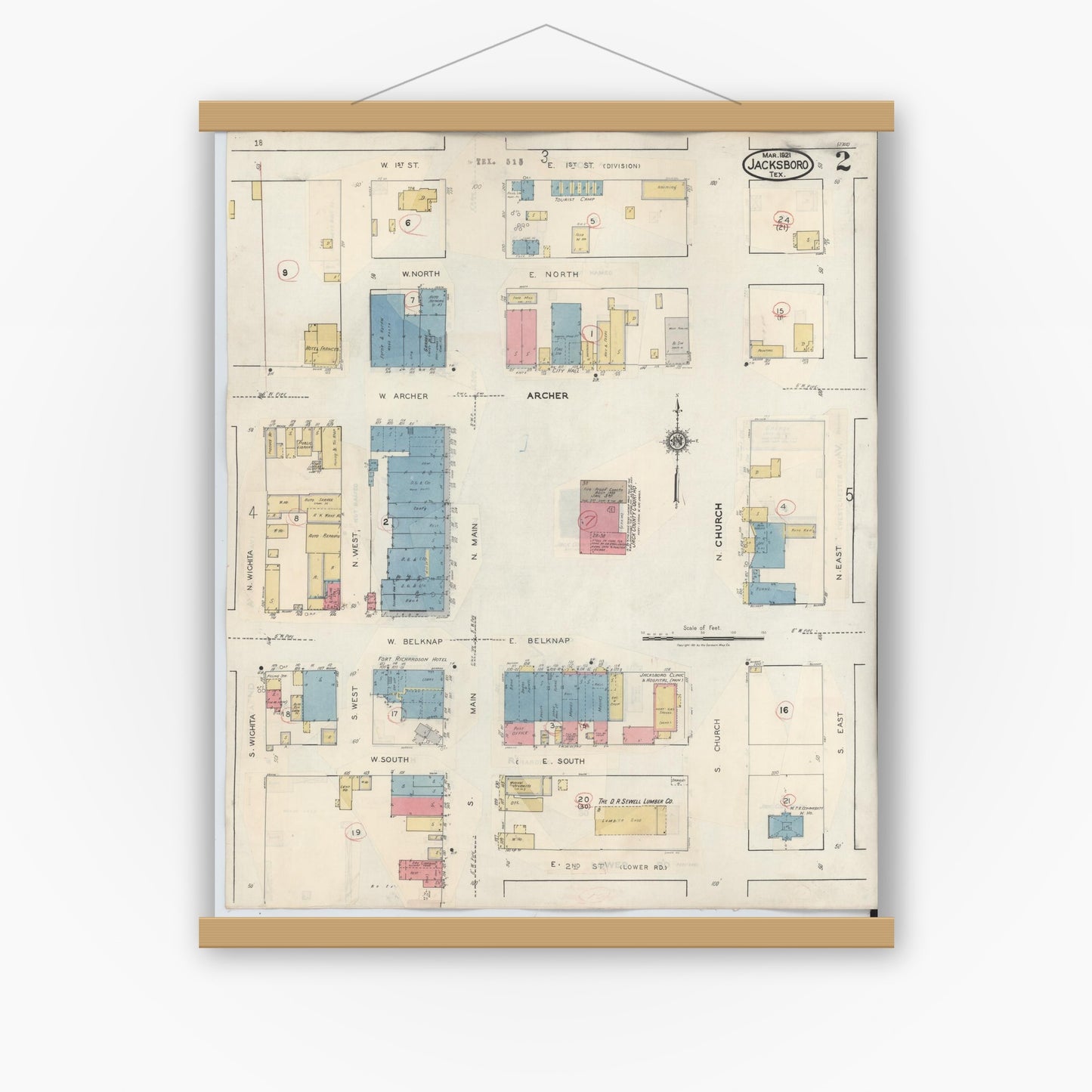 Old map wall art mockup — magnetic wood frame on white wall — Sanborn Fire Insurance Map from Jacksboro, Jack County, Texas (1942), Sheet #0002