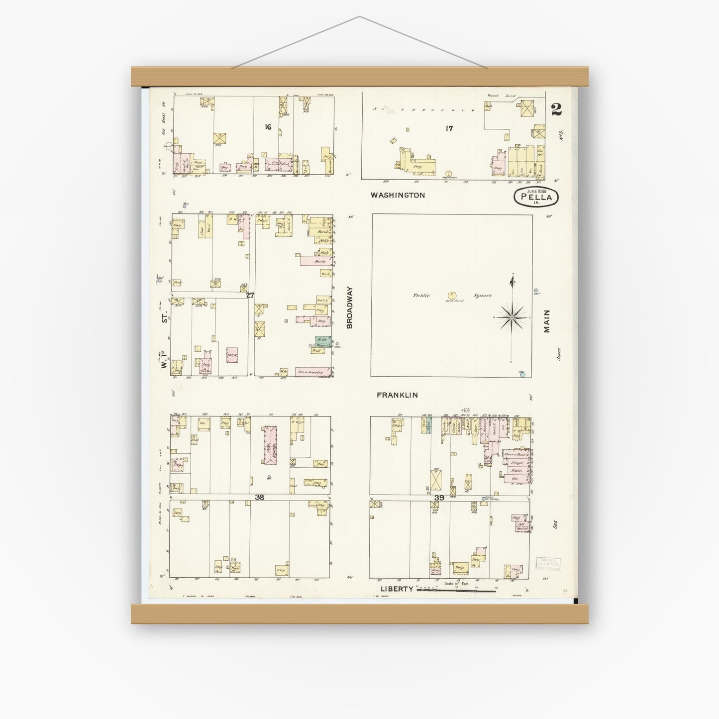 Old map wall art mockup — magnetic wood frame on white wall — Sanborn Fire Insurance Map from Pella, Marion County, Iowa (1888), Sheet #0002