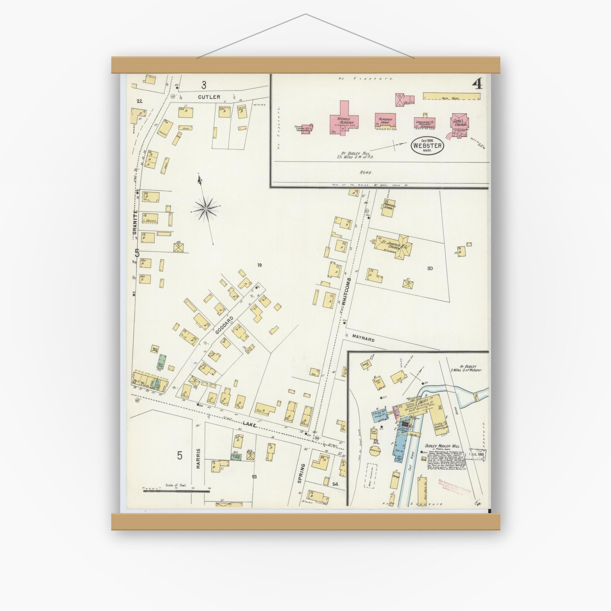 Old map wall art mockup — magnetic wood frame on white wall — Sanborn Fire Insurance Map from Webster, Worcester County, Massachusetts (1898), Sheet #0004