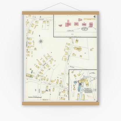 Old map wall art mockup — magnetic wood frame on white wall — Sanborn Fire Insurance Map from Webster, Worcester County, Massachusetts (1898), Sheet #0004