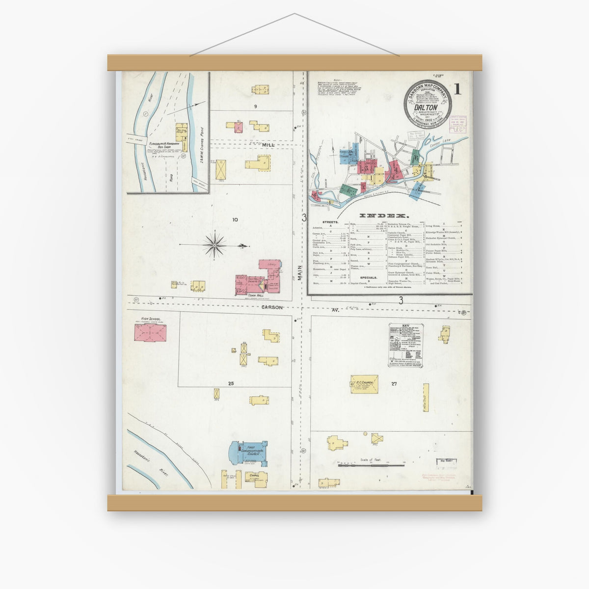 Old map wall art mockup — magnetic wood frame on white wall — Sanborn Fire Insurance Map from Dalton, Berkshire County, Massachusetts (1905) - Complete Map Set