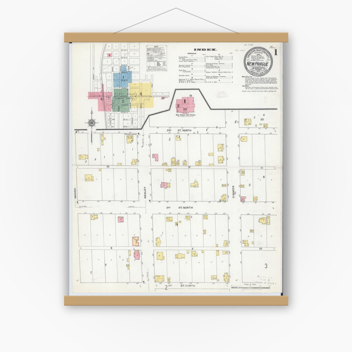 Old map wall art mockup — magnetic wood frame on white wall — Sanborn Fire Insurance Map from New Prague, Scott And Le Sueur, Minnesota (1910) - Complete Map Set