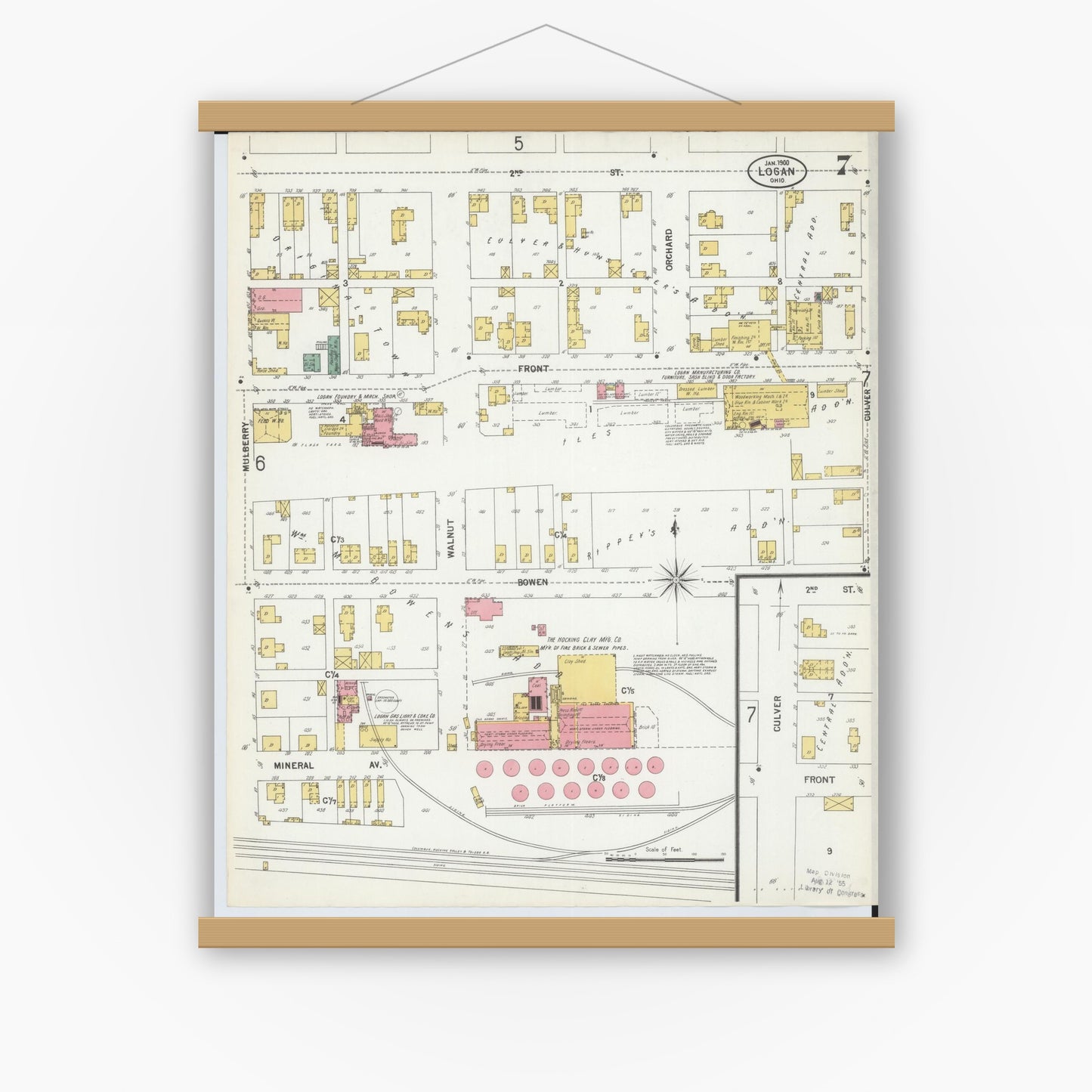 Old map wall art mockup — magnetic wood frame on white wall — Sanborn Fire Insurance Map from Logan, Hocking County, Ohio (1900), Sheet #0007