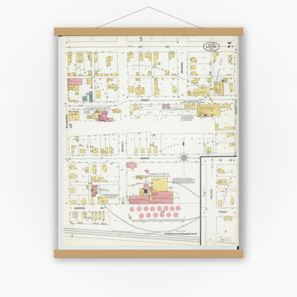 Old map wall art mockup — magnetic wood frame on white wall — Sanborn Fire Insurance Map from Logan, Hocking County, Ohio (1900), Sheet #0007