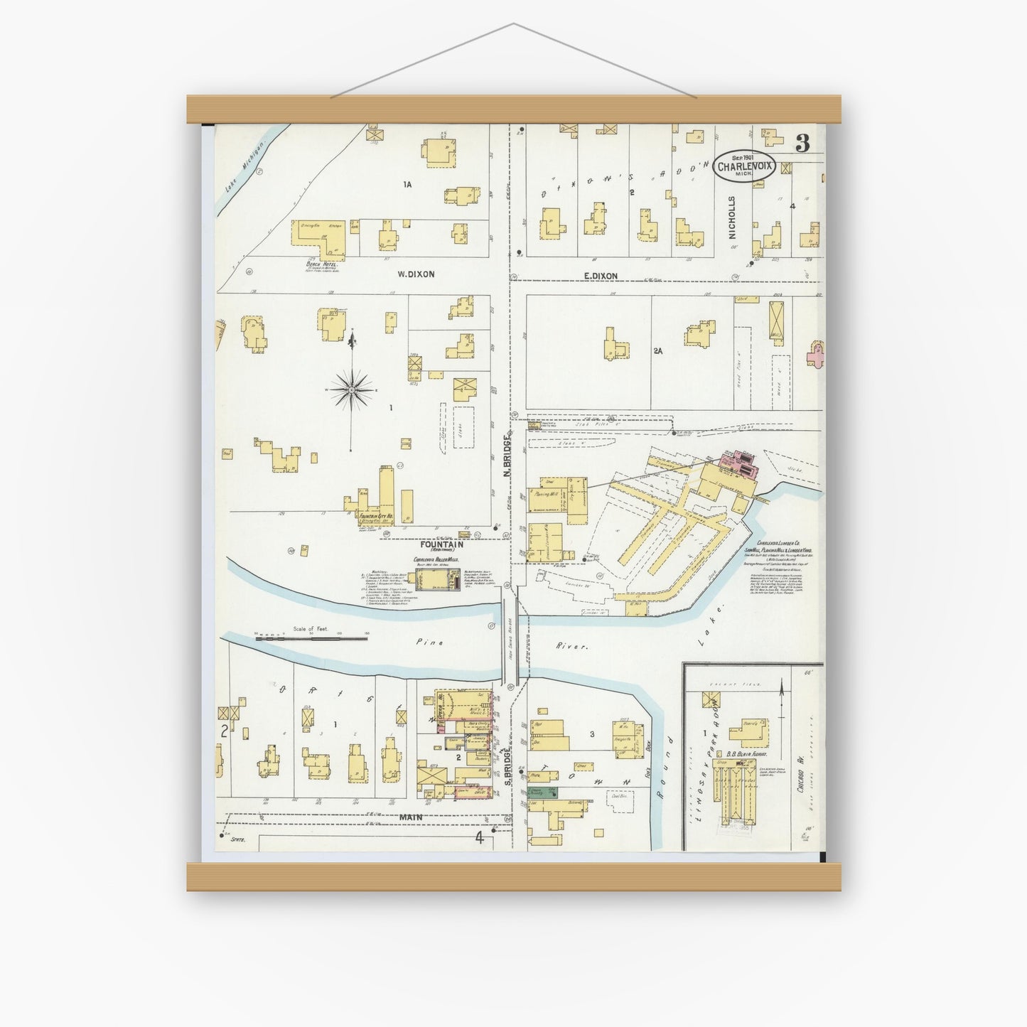 Old map wall art mockup — magnetic wood frame on white wall — Sanborn Fire Insurance Map from Charlevoix, Charlevoix County, Michigan (1901), Sheet #0003
