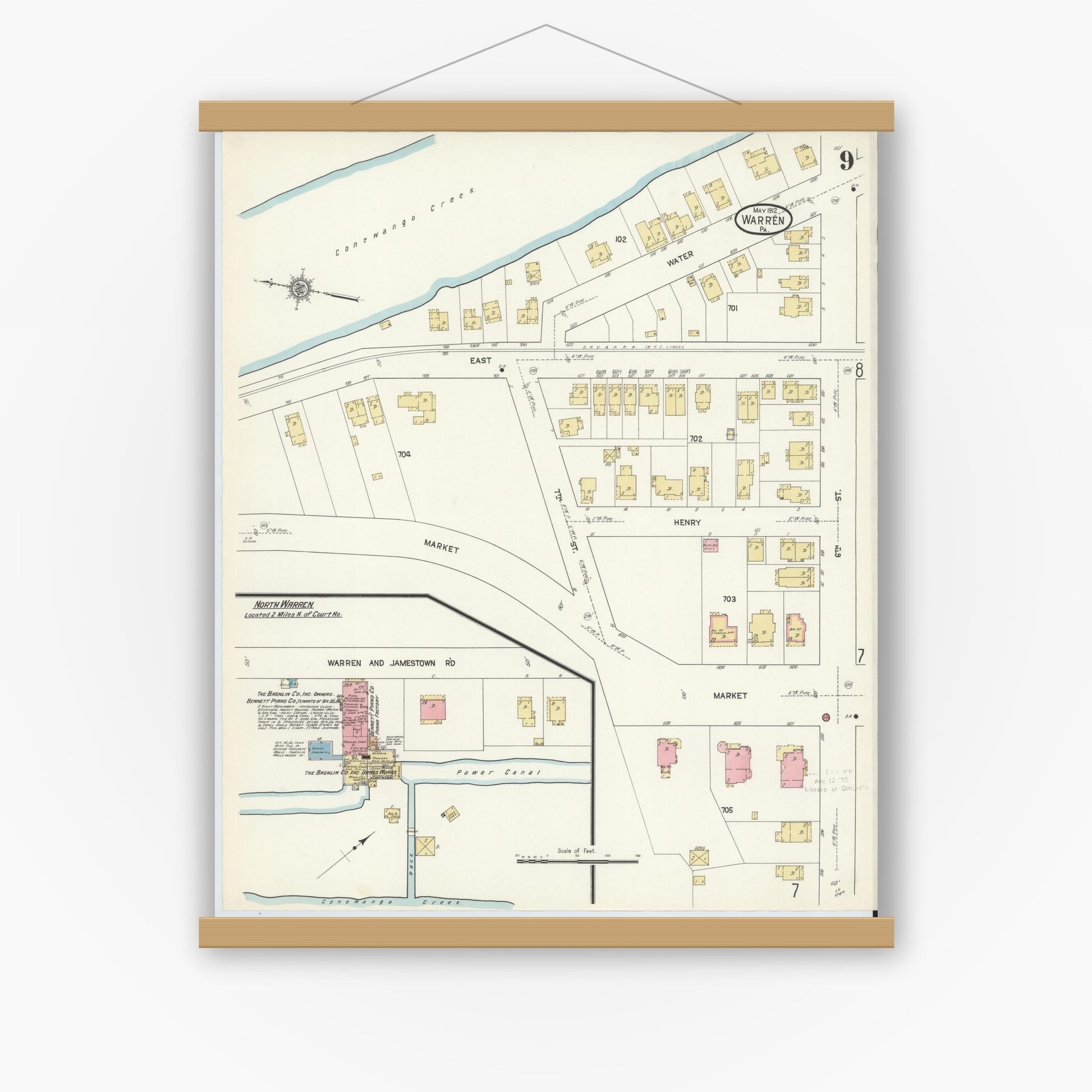 Old map wall art mockup — magnetic wood frame on white wall — Sanborn Fire Insurance Map from Warren, Warren County, Pennsylvania (1912), Sheet #0009