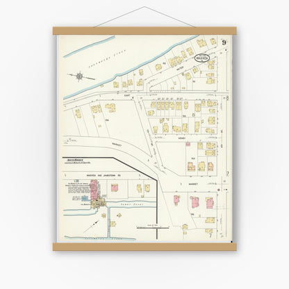Old map wall art mockup — magnetic wood frame on white wall — Sanborn Fire Insurance Map from Warren, Warren County, Pennsylvania (1912), Sheet #0009