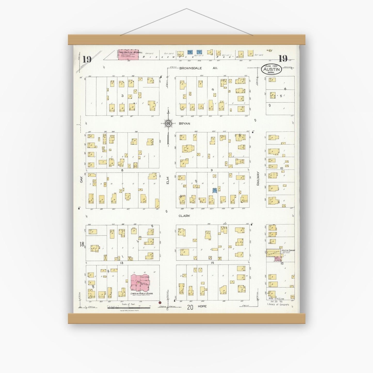 Old map wall art mockup — magnetic wood frame on white wall — Sanborn Fire Insurance Map from Austin, Mower County, Minnesota (1926), Sheet #0019