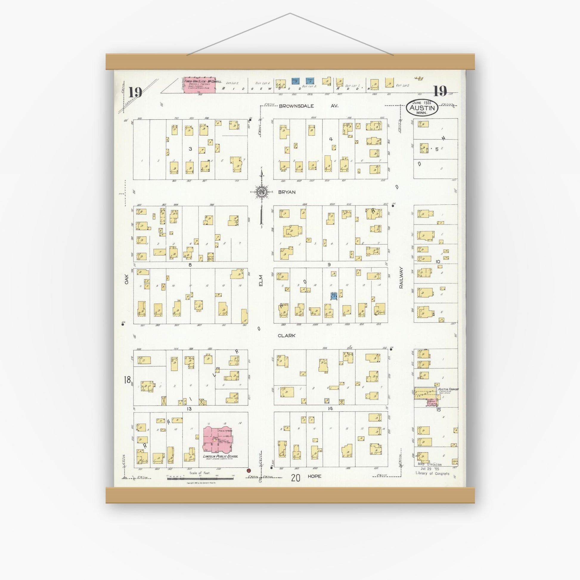 Old map wall art mockup — magnetic wood frame on white wall — Sanborn Fire Insurance Map from Austin, Mower County, Minnesota (1926), Sheet #0019